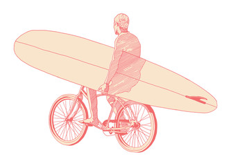 man carrying surf board ride bicycle