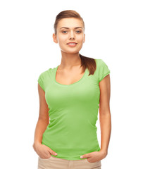 Sticker - smiling woman in blank green t-shirt