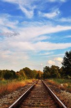 Picturesque Autumn Rural Landscape With Railway Track.