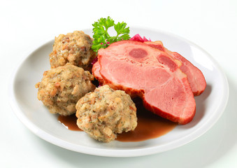 Wall Mural - Smoked pork with Tyrolean dumplings and red kraut