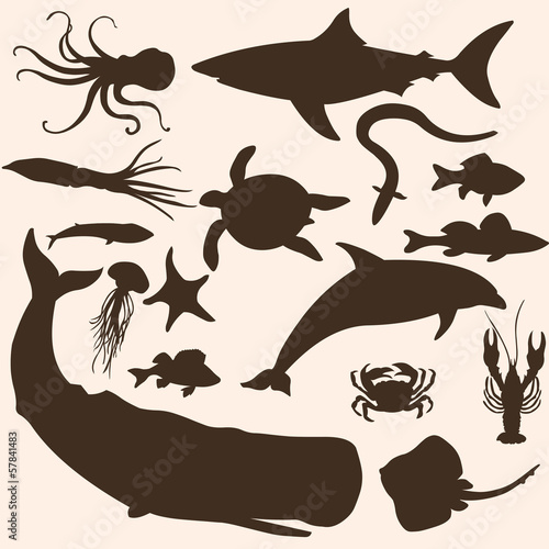 Naklejka - mata magnetyczna na lodówkę vector set of sea animals silhouettes