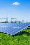 Fototapeta Na sufit - solar panel against high voltage towers
