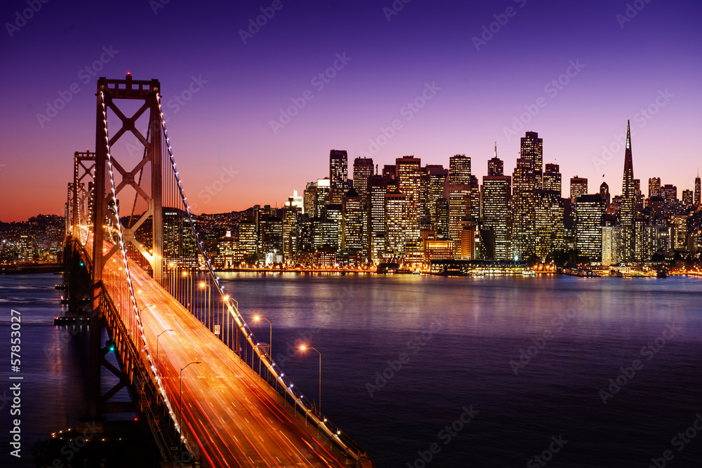 San Francisco skyline and Bay Bridge at sunset, California - obrazy, fototapety, plakaty 