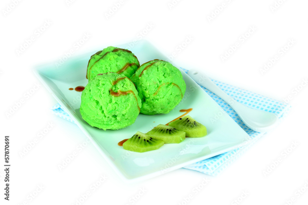 Delicious ice cream on plate isolated on white