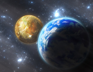 Wall Mural - digital illustration earth-like planet with moon