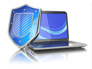 Poster - Internet security concept. Laptop and shield.