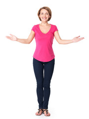 Wall Mural - Full portrait of adult happy woman with presentation gesture