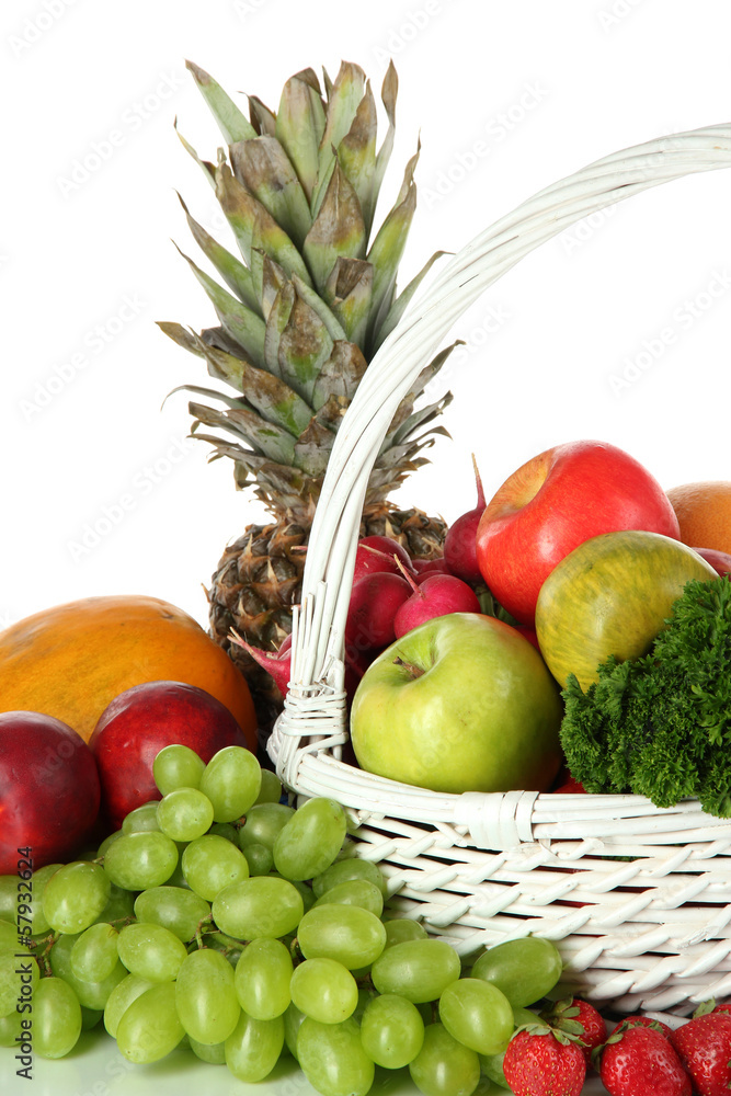Different fruits and vegetables on white background