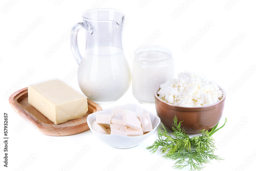 Fresh dairy products with greens isolated on white