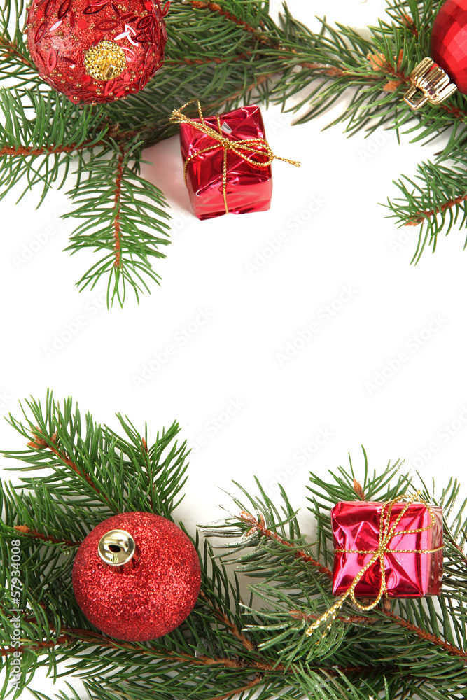 Beautiful Christmas decorations on fir tree isolated on white