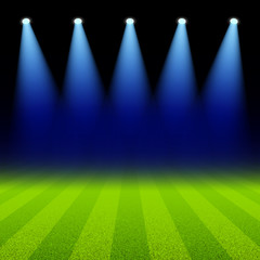 Bright spotlights illuminated green soccer field