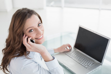 Wall Mural - Brown haired businesswoman using laptop and cellphone in office