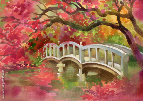 Fototapeta na wymiar Bridge over the river. Watercolor picture