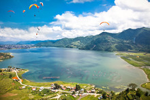 Paraglider Flying Over The  Fewa Lake In Pokhara, Nepal.