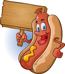 Wall Mural - Hot Dog Cartoon Holding a Blank Wooden Sign