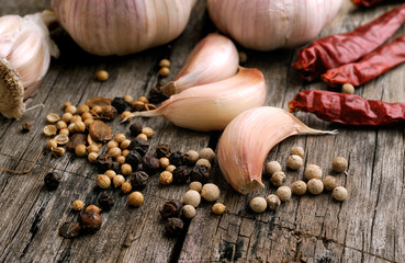 Herbs and Spices on wooden background