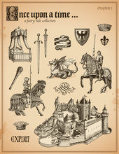 Fairy Tale Collection With Knights And Medieval Castle