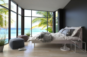 Wall Mural - Tropical bedroom interior with double bed and seascape view