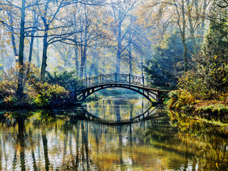 Poster - Autumn - Old bridge in autumn misty park