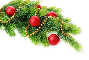 Wall Mural - Christmas balls on fir tree, isolated on white