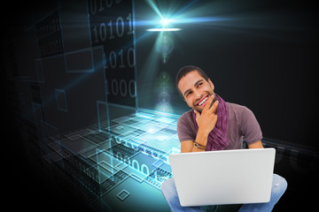 Fototapete - Composite image of thinking man sitting on floor using laptop an