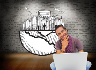 Poster - Composite image of thinking man sitting on floor using laptop an