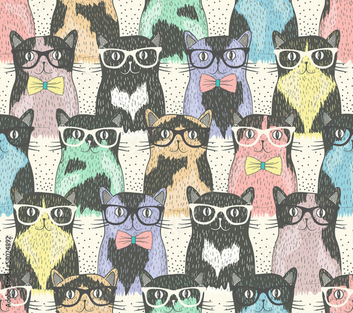 Obraz w ramie Seamless pattern with hipster cute cats for children