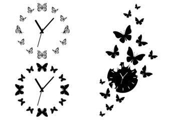 Wall Mural - time flies, butterfly clocks for wall art, vector set