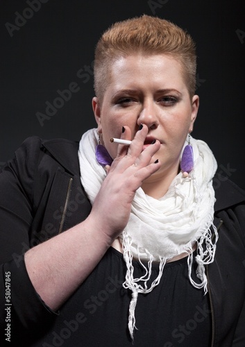 Chubby Woman With Short Hair Smoking Cigarette Buy This Stock