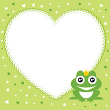 The Frog Prince With Heart Shape Frame. Vector Illustration.