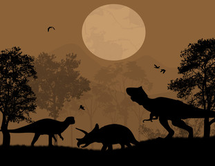 Wall Mural - dinosaurs silhouettes in wildscape