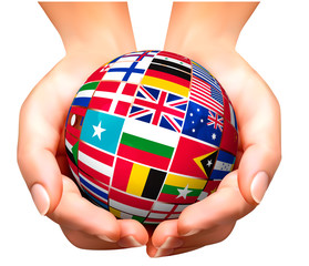 Wall Mural - Flags of the world in globe and hand. Vector illustration.