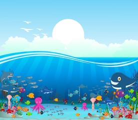 Wall Mural - Sea life cartoon background