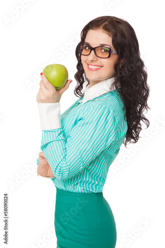 Fotografia, Obraz smiling brunette girl in green skirt and blouse holding apple