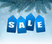 Holiday Background With Blue Sale Tags. Concept Of Discount Shop