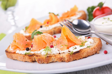 Wall Mural - bruschetta, bread and salmon