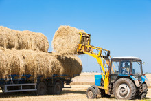 Agriculture Works - Tractor Loading Hay Bales On Truck Trailer