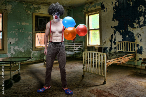 Fotografie, Obraz Evil Clown Inside Condemned Room With Hospital Bed