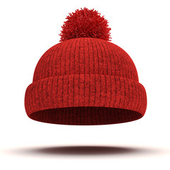 Wall Mural - 3d red knitted winter cap on white background