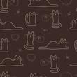 seamless pattern with sketches of cats in coffee colors