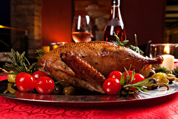 Christmas roast duck served on a festive table