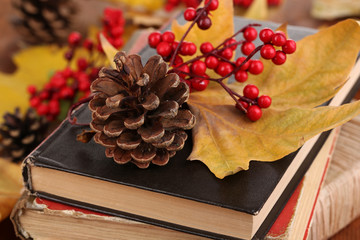 Fototapete - Books and autumn leaves on wooden table close-up