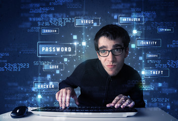 Fototapete - Hacker programing in technology enviroment with cyber icons