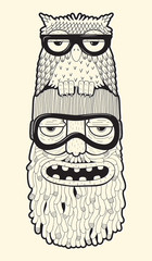 Wall Mural - bearded man in ski-glasses with owl on his head