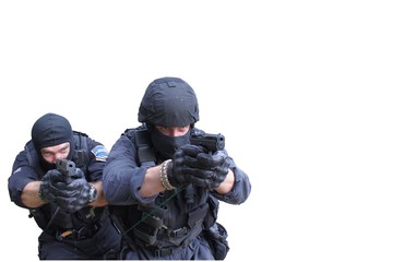 swat police officer pointing a gun, isolated on white