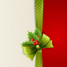 Christmas Card With Green Polka Dots Bow And Holly