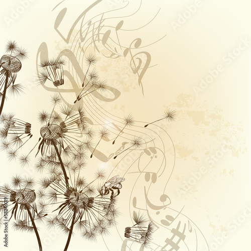 Fototapeta na wymiar Vector floral background with dandelions and notes