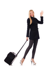 Businesswoman with travel suitcase on white