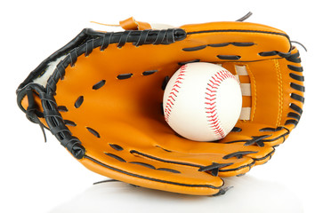 Wall Mural - Baseball glove and ball isolated on white