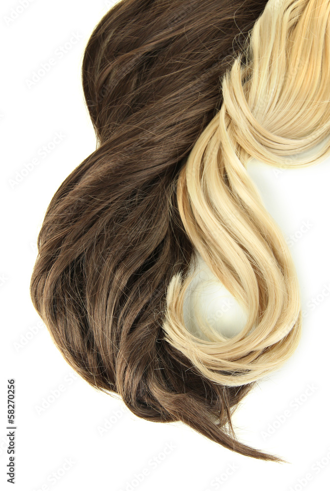 Curly blond and brown hair close-up isolated on white